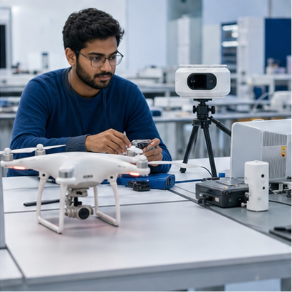 Researcher testing drone and security technology in a lab