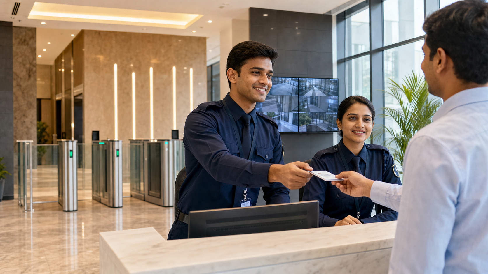 Durgashtra male and female security officers managing professional access control