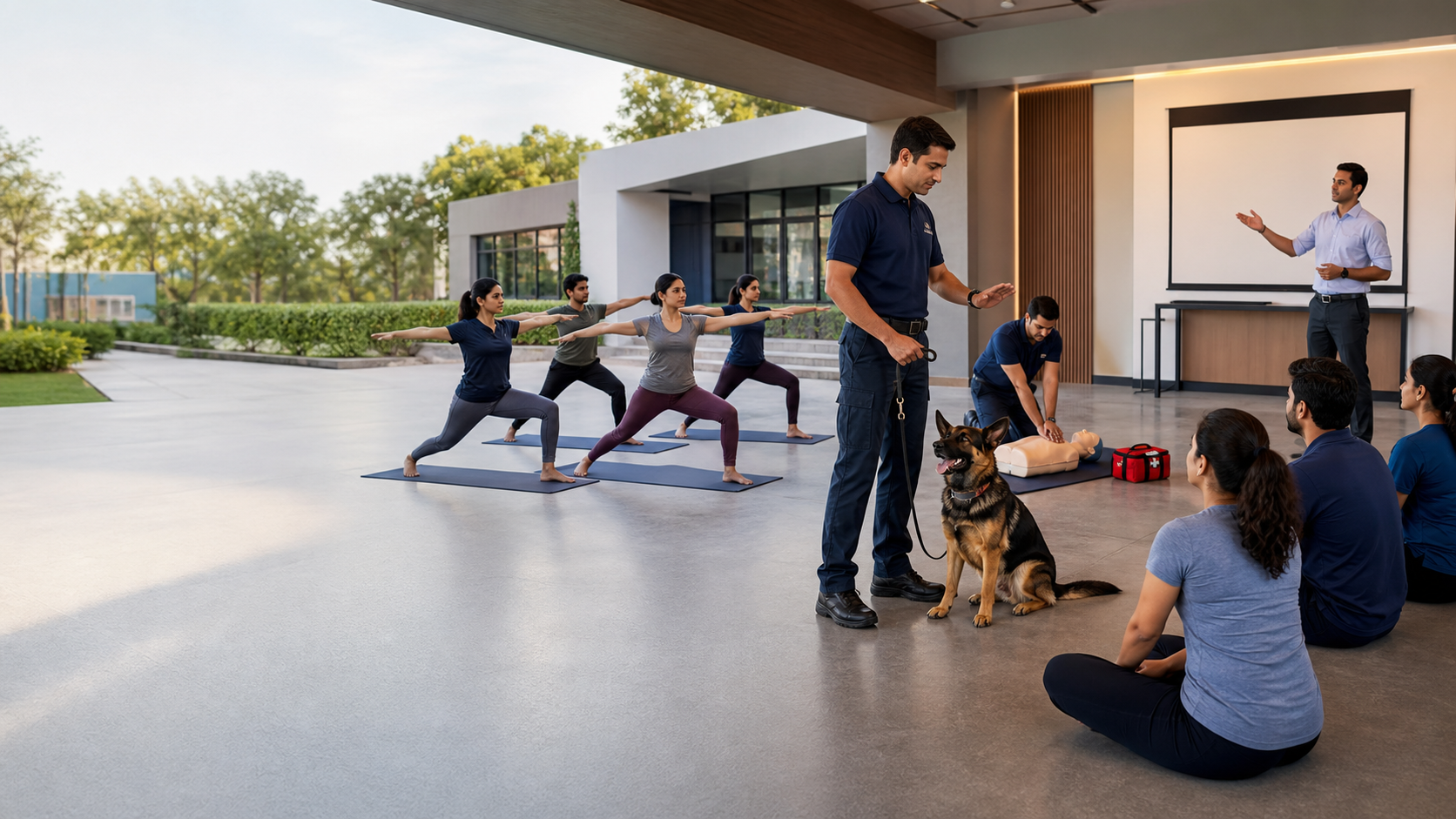 Professional security, K9, first-aid, yoga and skills instructors in a training campus