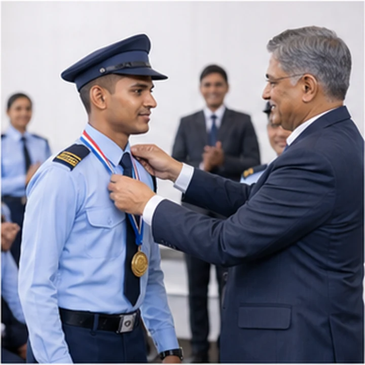 Security cadet wearing a medal representing the Discipline Cadet Award