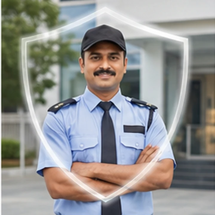 Security employee and protective shield representing EPF, ESI and labour welfare