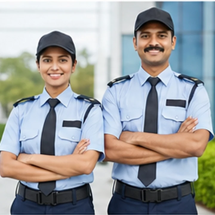 Male and female security employees in professional uniform representing turnout support
