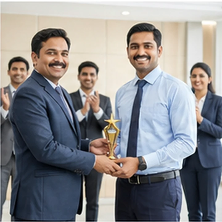 Employee holding a trophy representing performance allowance and bonus