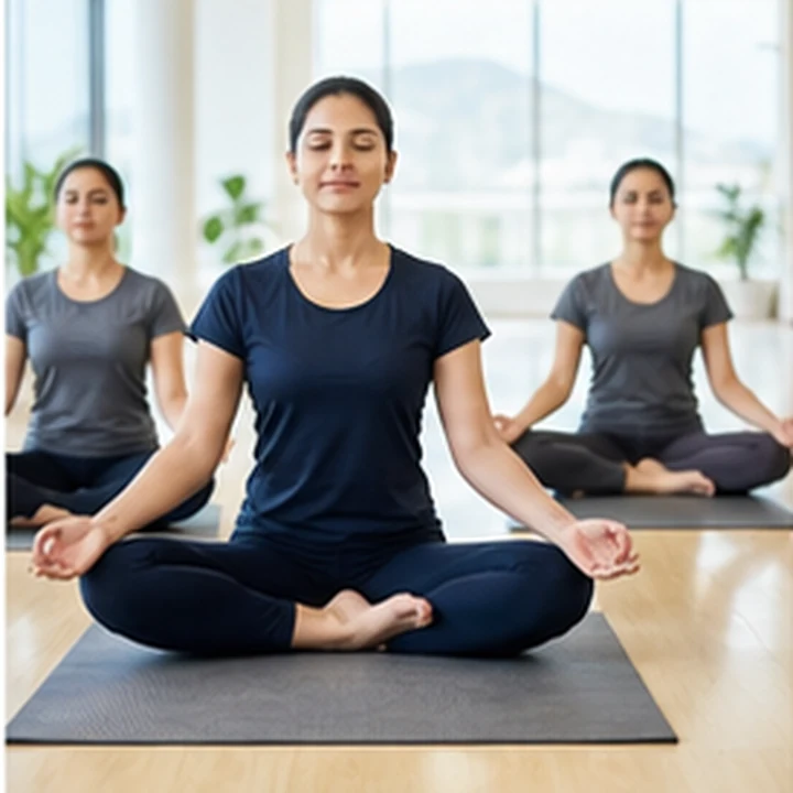 Employee practising yoga with fitness equipment representing wellbeing programmes
