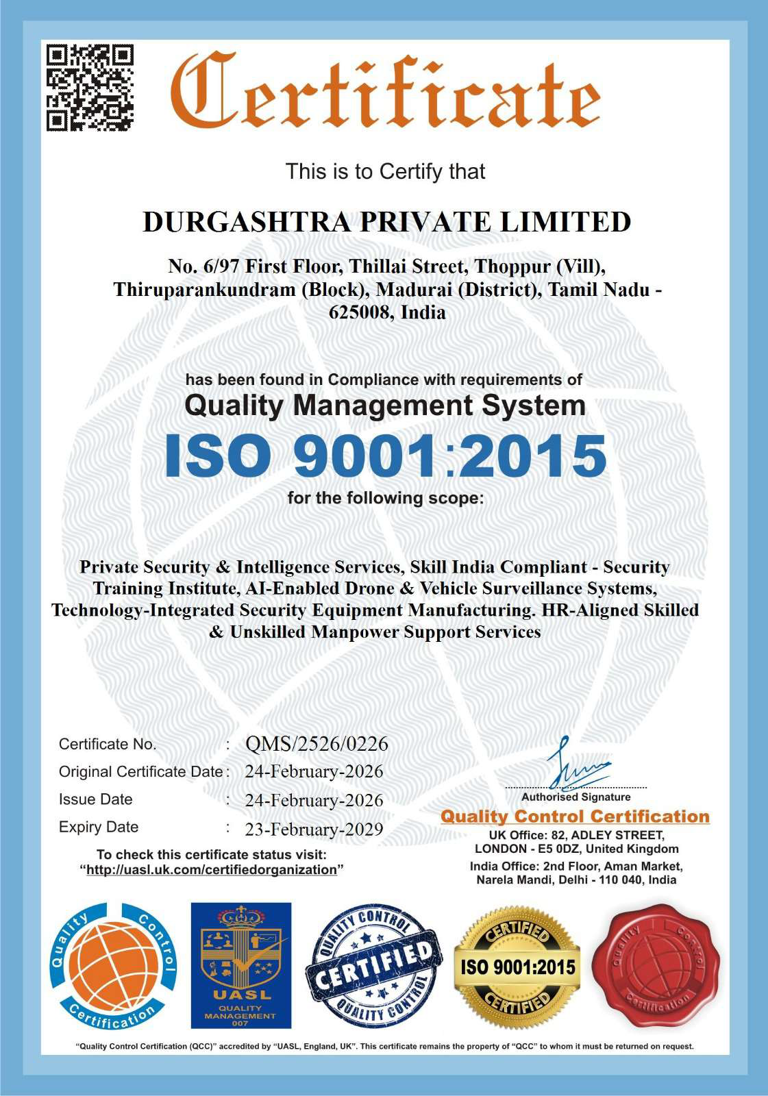 Durgashtra ISO 9001:2015 Quality Management System certificate