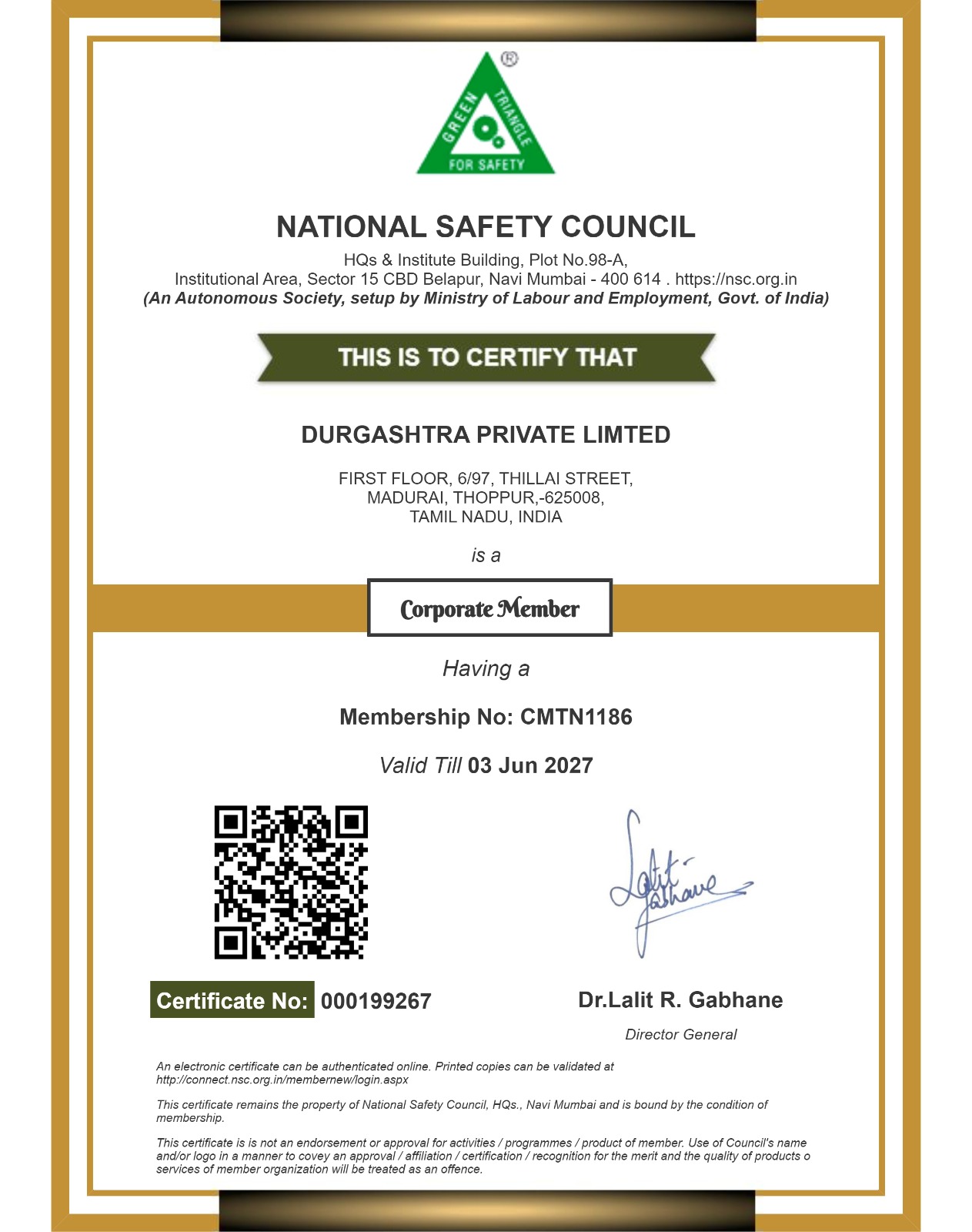 Durgashtra National Safety Council corporate membership certificate